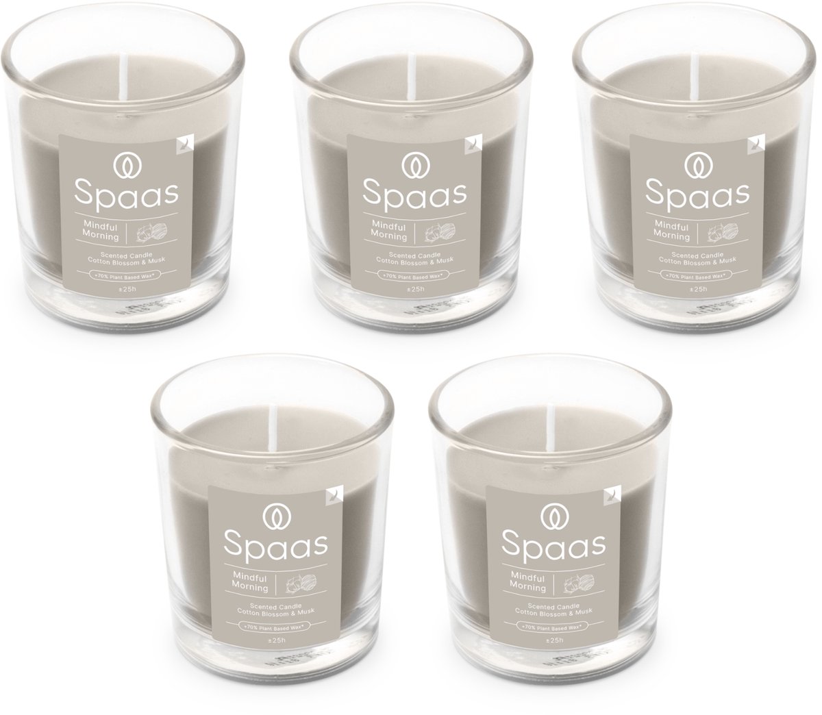 Spaas Geurkaars in glas - Set van 5 kaarsen - Katoenbloesem en Muskus - circa 25u - Mindfu