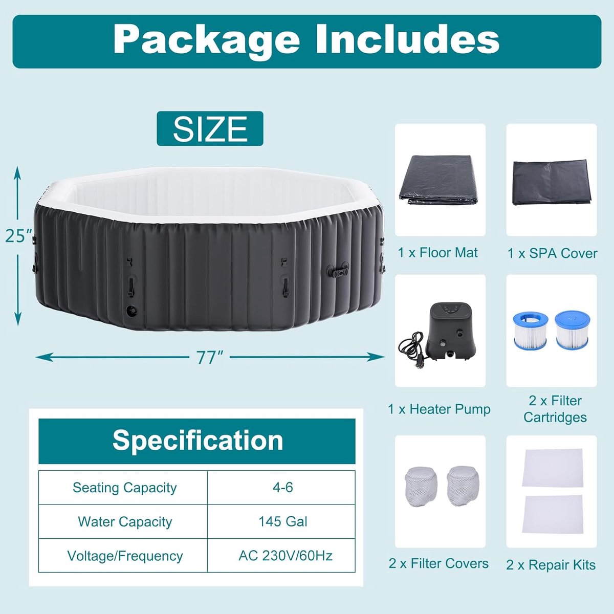 Opblaasbare Whirlpool Jacuzzi Hot Tub 195 x 195 x 63,5 cm – 4 tot 6 Personen – 1350W Verwarming – 120 AirJet Massage Jets – Inclusief Isolerend Afdekzeil & Filterpomp – Indoor & Outdoor Spa – HomebyNicole