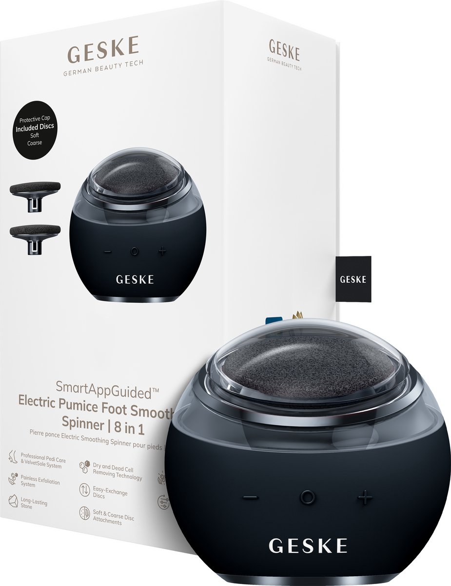GESKE Electric Pumice Foot Smoothing Spinner | 8 in 1 | Elektrische Voetvijl & Exfoliator met Zachte & Grove Opzetstukken | Langdurige Puimsteen | Voor Zachte Voeten & Pedicure