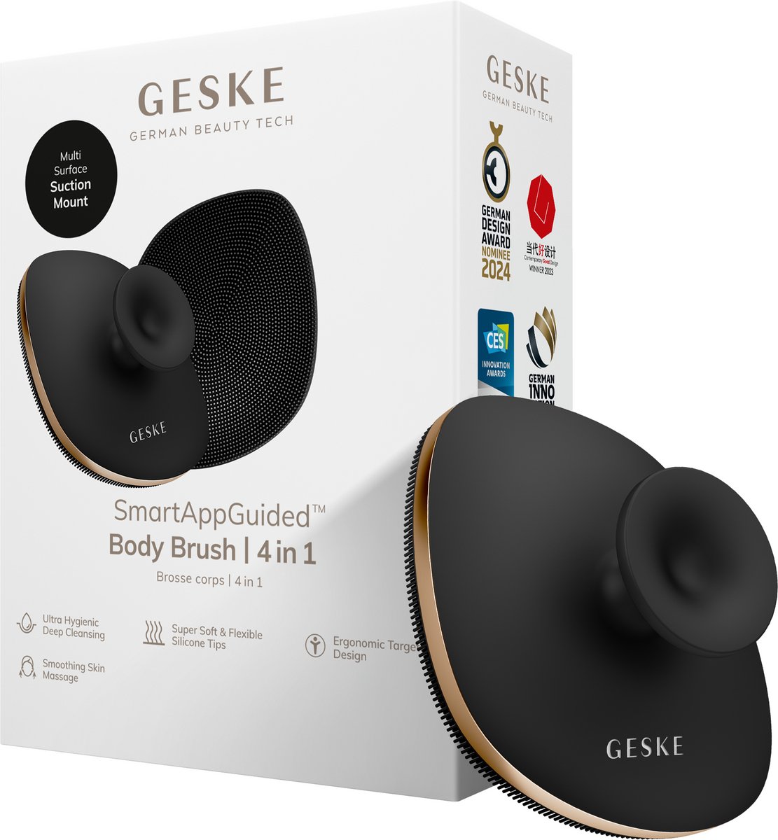 GESKE Body Brush | 4 in 1 | Ontwerp met metalen ring | Reinigingsborstel voor het hele lichaam | Dieptereiniging | Zachte siliconen borstelharen | Ergonomisch ontwerp met twee vingers