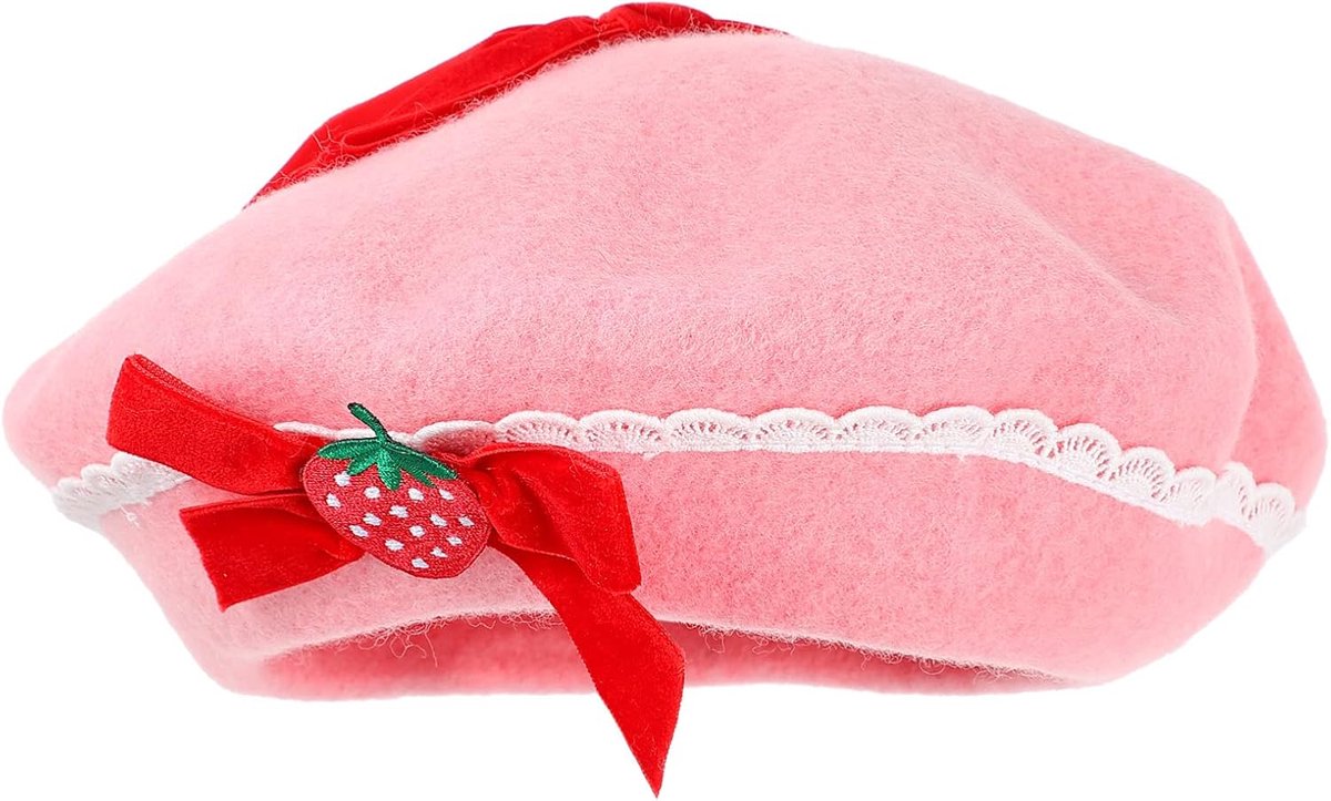 JeiibrZui Dames Baret Muts - Wol Vilt Met Strik - 26x26x6,5 Cm - 1 Stuks - Aardbei Roze Voor Winter En Dagelijks Gebruik