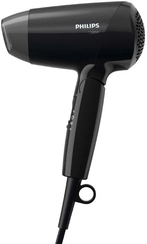Zwarte Philips föhn, 1200W, met 2 warmtestanden en koele lucht.