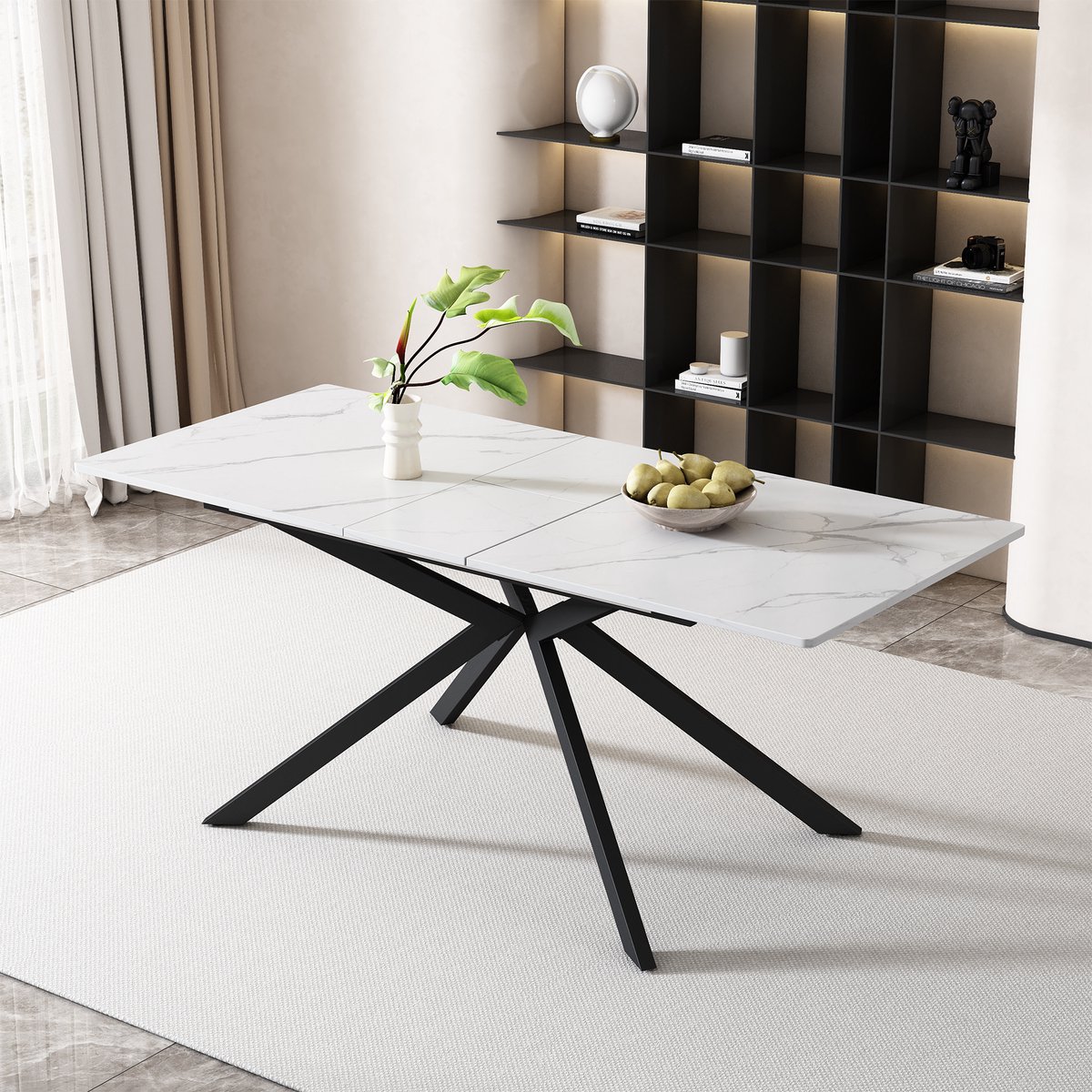 BLACKCOLORS Uitschuifbare eettafel, automatisch uitschuifbare eettafel, rechthoekige eettafel, koffie- en recreatietafel, L150/180 x B70 x H76 cm, kruispootontwerp, marmerstructuur, zwart en wit