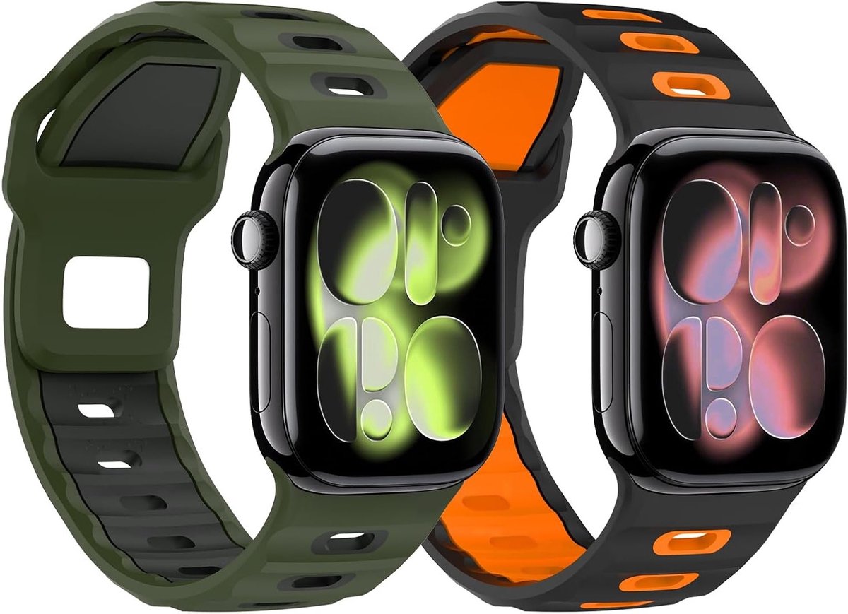 Set van 2 Horlogebanden voor Apple Watch Ultra 2/Ultra 49mm, S10 46mm, 9/8/7, 45mm, SE2/SE/6/5/4 44mm, 3/2/1 42mm in Zwart, Oranje en Lichtgroen - Duurzaam en Comfortabel