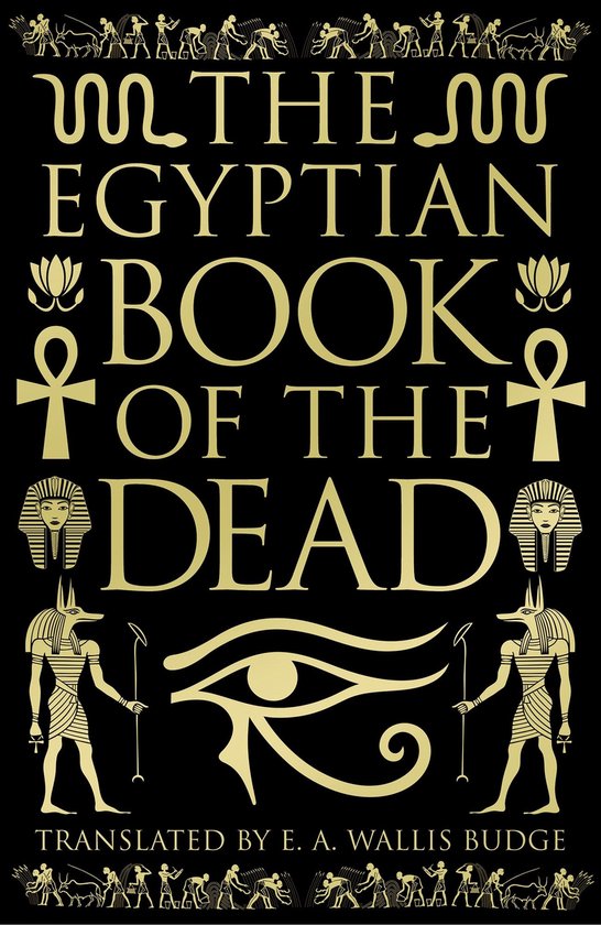 Couverture de livre avec des hiéroglyphes et des images égyptiennes dorées, intitulée 'THE EGYPTIAN BOOK OF THE DEAD'.