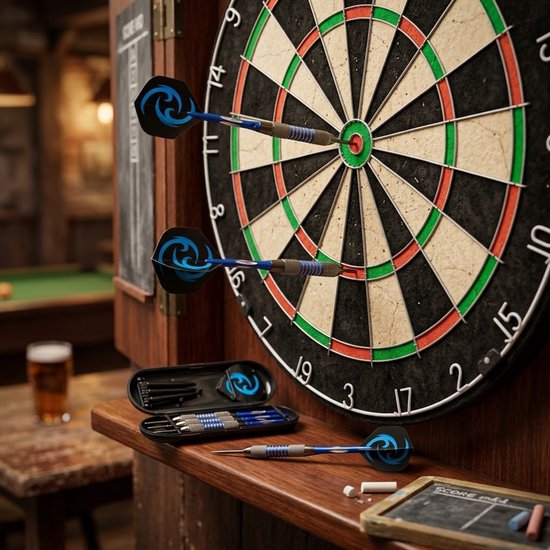 Blauw zwarte dartpijlen set 22g met metalen barrel en aluminium schacht - darts voor heren en dames - dartpijlen met blauwe flights, geribbelde grip en draagbaar dart etui - dartset met 6 darts en accessoires voor dartspel van Merkloos — afbeelding 5