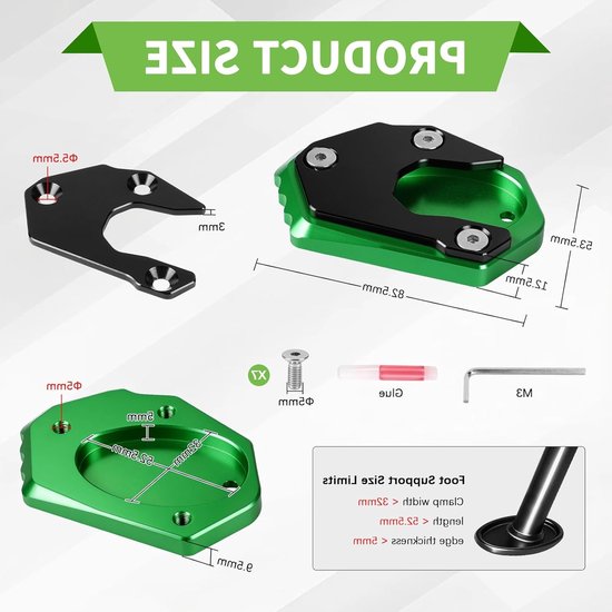 Motorfiets Zijstandaard Verbreding, Ondersteuningsplaat voor Kawasaki Z650 Z900 Z900RS Z1000 Z800 ER-6N ZX-6R en meer, Verbeterde Stabiliteit en Grip, Groen van Merkloos — afbeelding 5