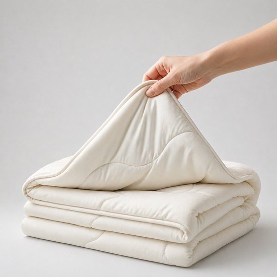 Crème deken met quiltpatroon, opgevouwen, vastgehouden door een hand.