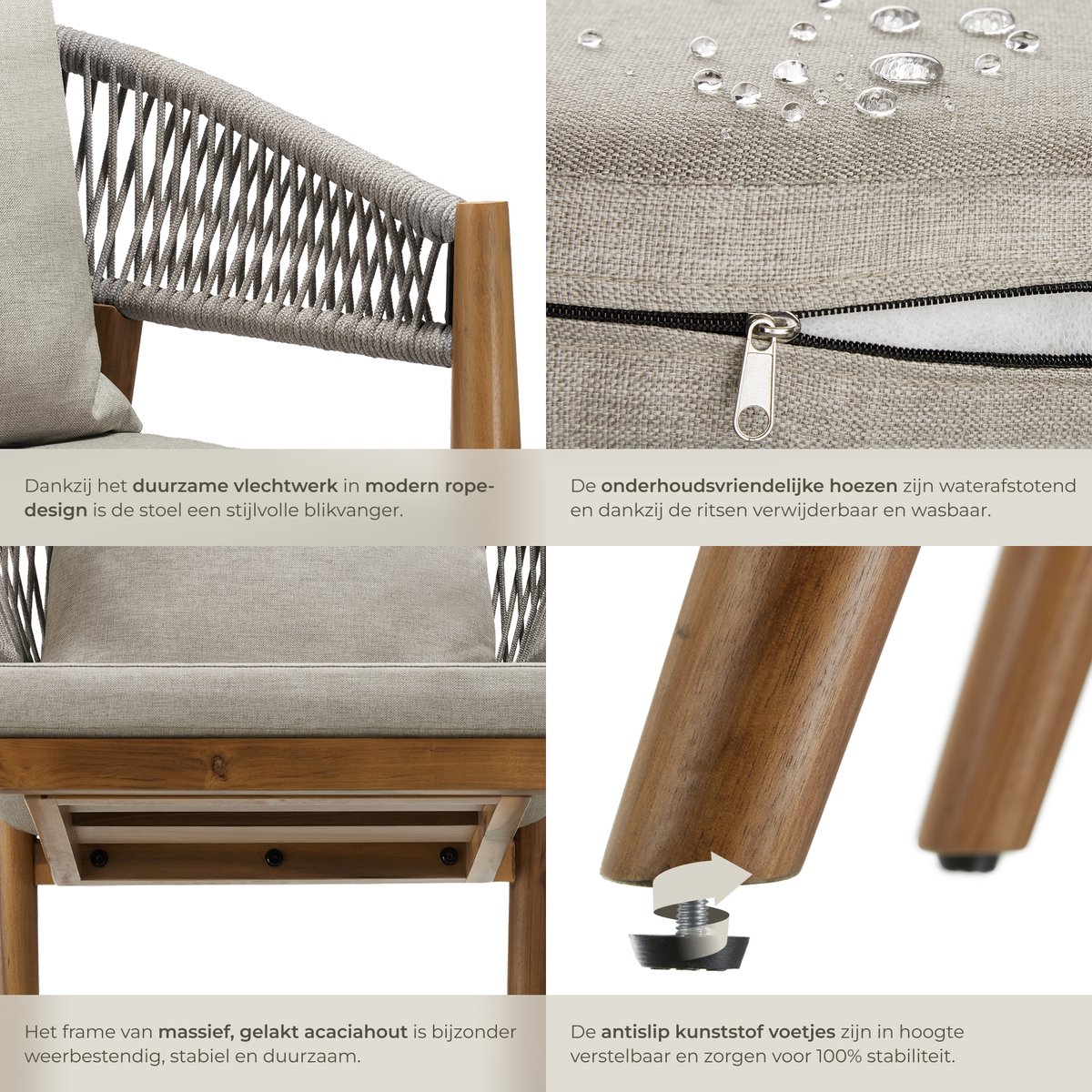 tectake® Set van 2 Tuinstoelen Manacor - Tuinstoel in Rope-Design - Balkonset - Weerbestendige Buitenstoel van Gelakt Acaciahout - Grijs/Beige - Stoelen voor Tuin, Balkon, Terras – foto 4