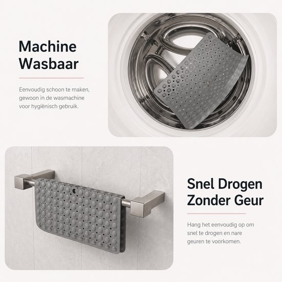 Grijze antislip douchemat wordt in een wasmachine geplaatst en hangt te drogen aan een handdoekrek.