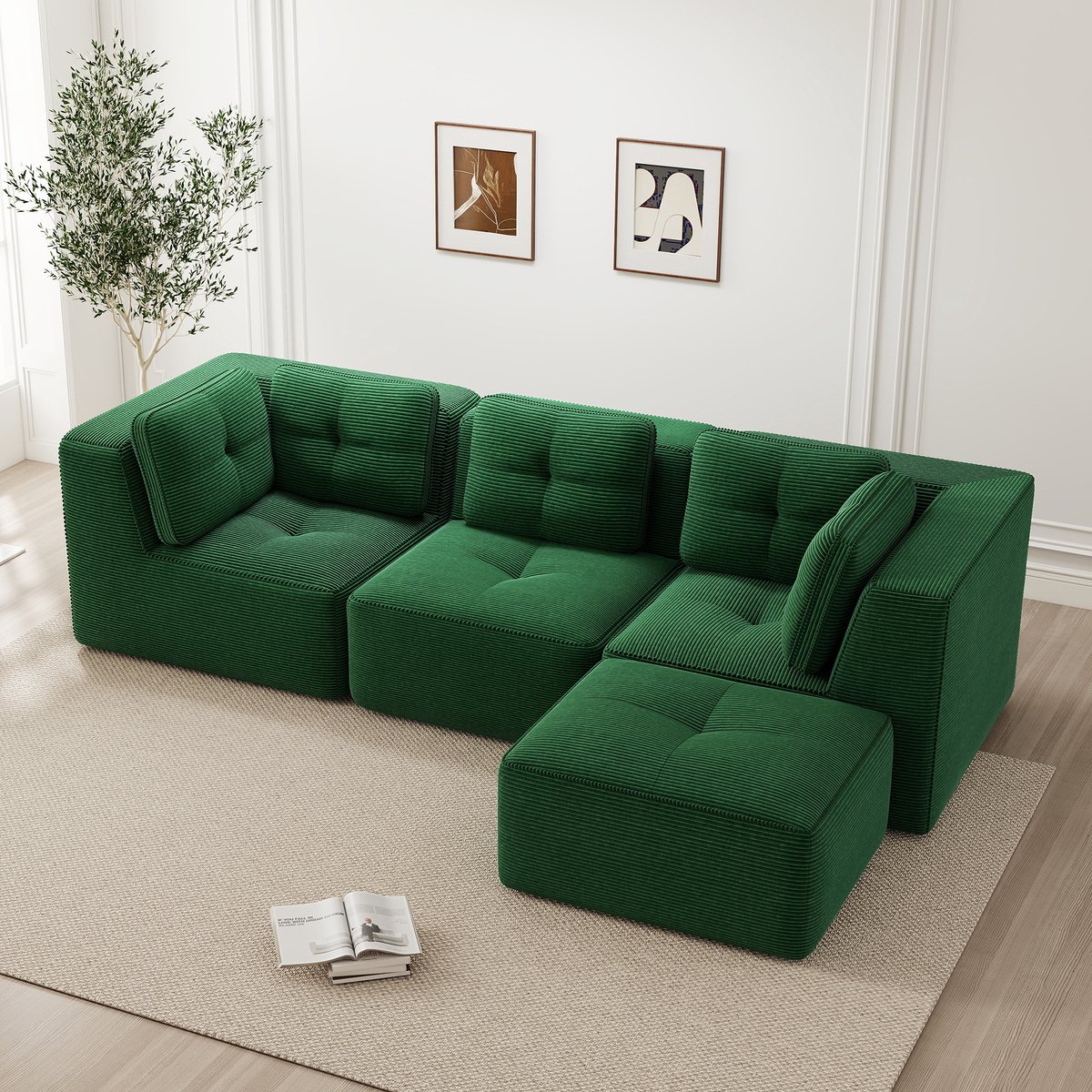 REDOM Modulaire 3-Zits Hoekbank – Uitvouwbaar en Zonder Montage – Ribstof Bekleding – Groen – 297 x 177 x 69 cm Groente