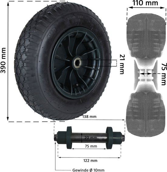 Kruiwagenwiel 4.80 / 4.00-8 met as Beschermkappen 200 kg Pneumatisch wiel Reservewiel van Merkloos	 — afbeelding 4
