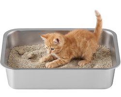 Feandrea - Kattenbak - Kattenbak van Roestvrij Staal - Met Schepje - Open Ontwerp voor Kleine Katten