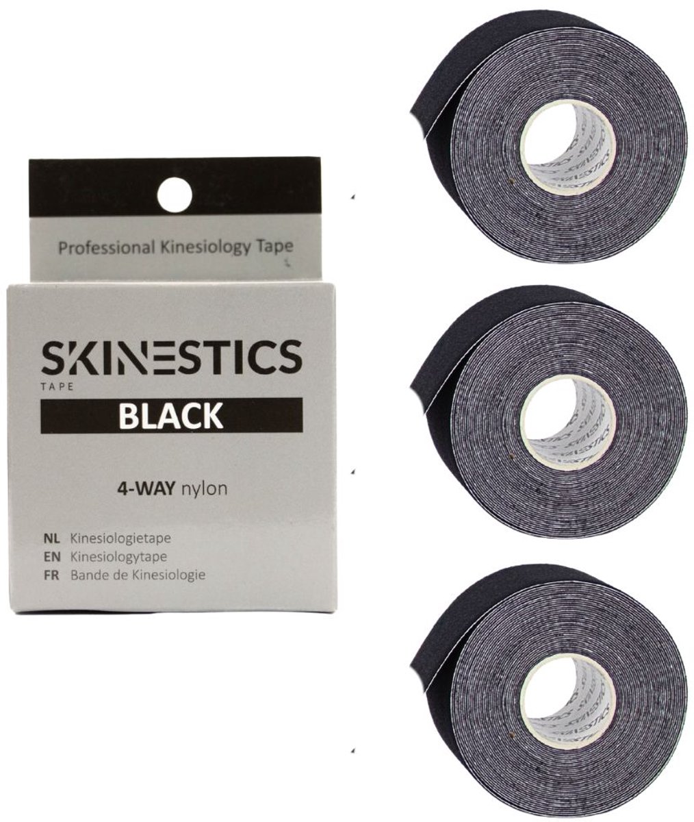 Triple pack Skinestics Sport tape – Fysio tape – Kleur Zwart – nu 20% langer, 600 cm lang bij 5 cm breed, 170% rekbaar gelijk aan menselijke huid, standaard voorzien van extra sterke lijm, katoen, voor het hele lichaam, spier ondersteuning
