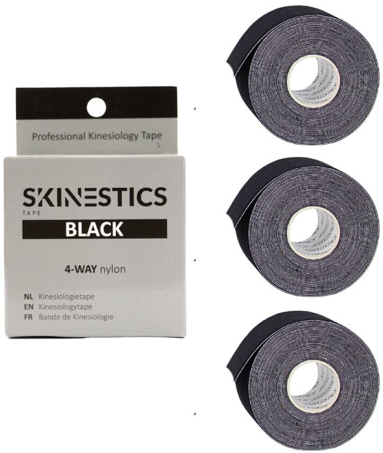 Drie rollen zwarte Skinestics kinesiotape 4-WAY nylon.