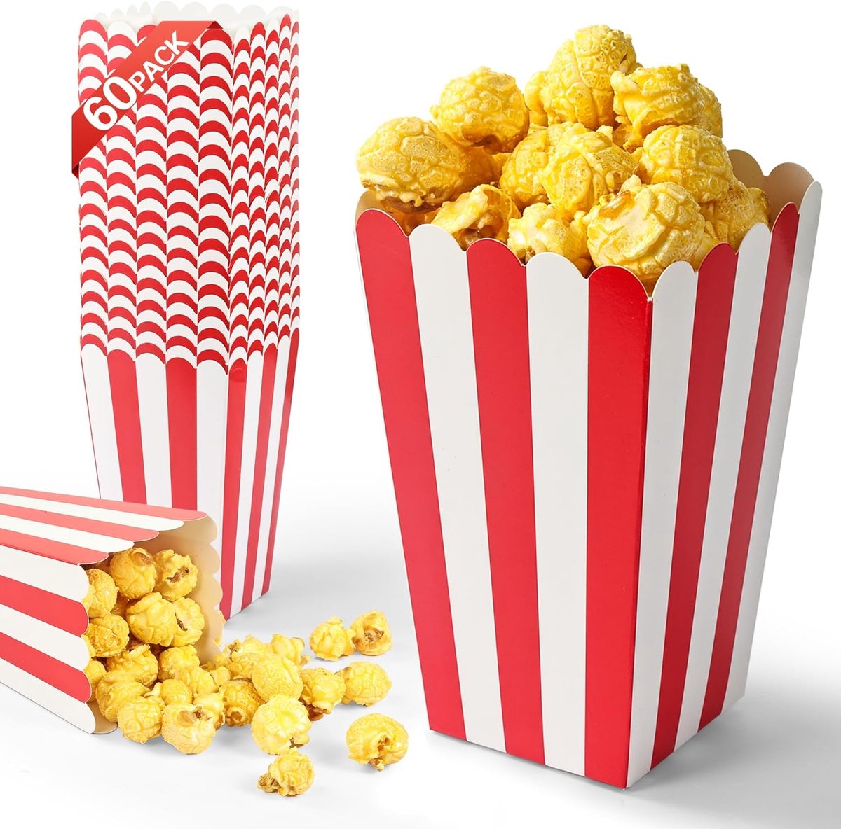 JeiibrZui Popcorn Tüten 60 Stuks - Retro Wit Rood Gestreept - 11 x 5 x 7 cm - Snack Bakjes voor Filmavond Verjaardag Feest
