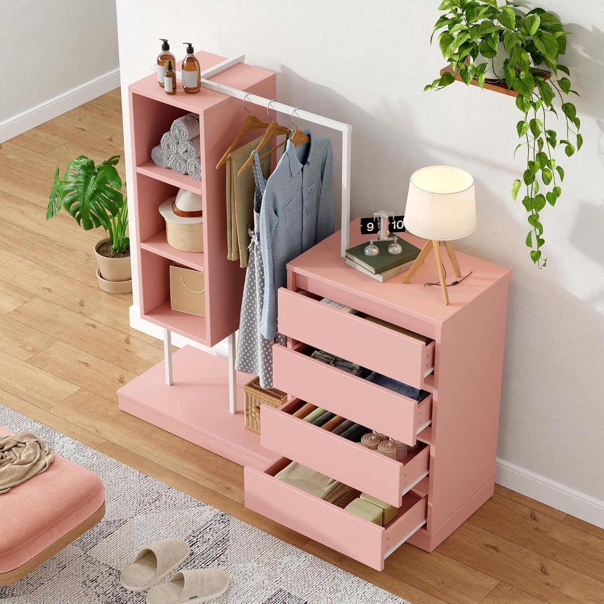Chest of Drawers, Wardrobe Set, White Wardrobe, Sideboard, Clothes Rail, Dimensions: W140/W40/H135 (Pink)