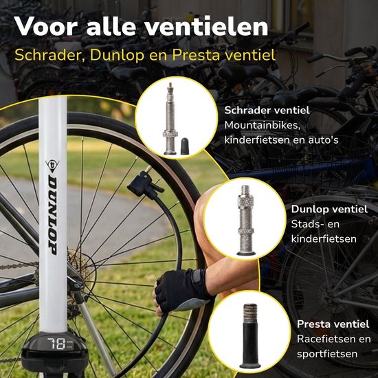 Dunlop Digitale Fietspomp met Drukmeter - Fiets Pomp Geschikt Voor Schrader Presta Dunlop Ventiel - Ballenpomp 120 PSI 8.3 BAR - Inclusief Ventieladapters en Naald van Dunlop — afbeelding 5