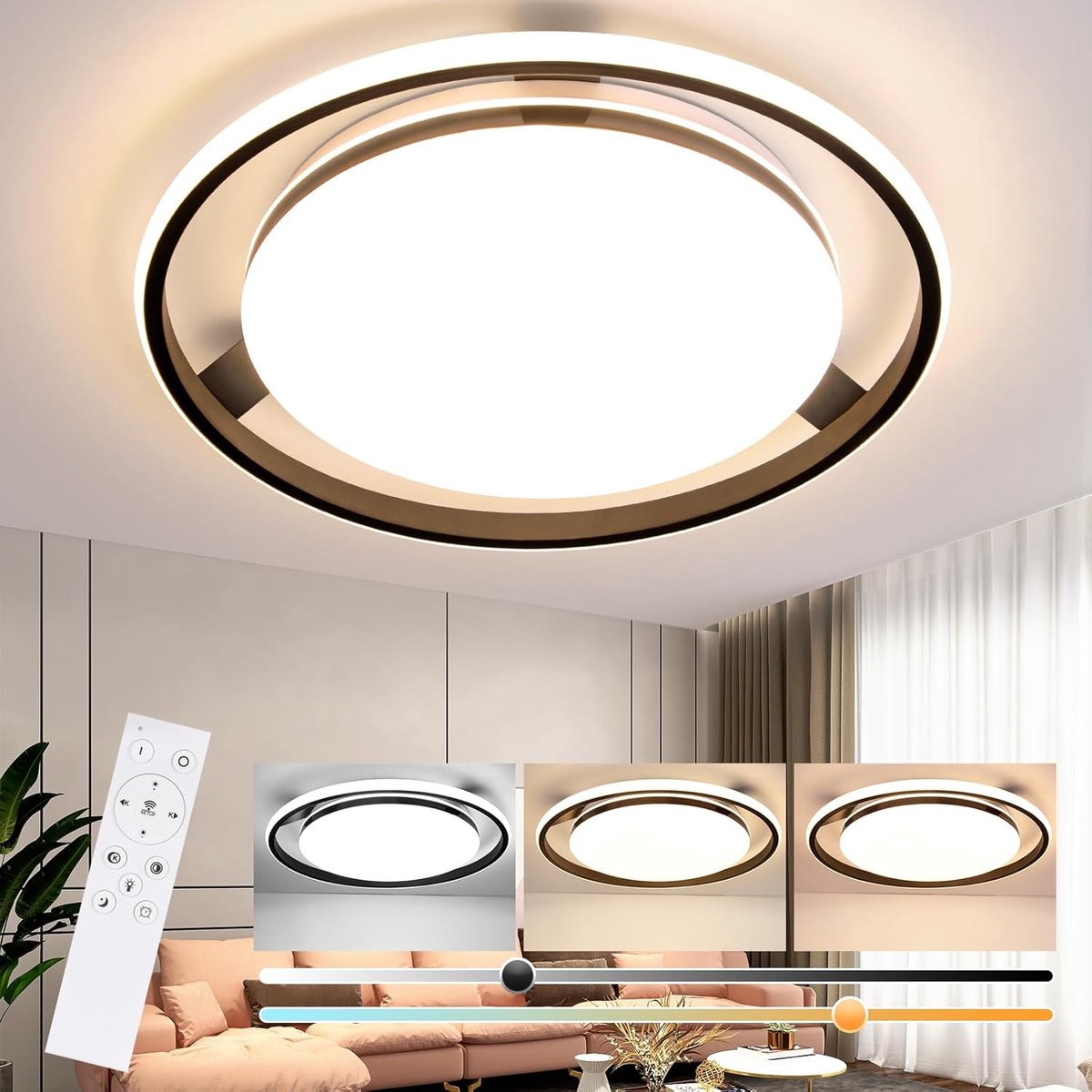 Glitzerlife - Plafondlamp - Dimbare LED Woonkamerlamp - Rond Design - Afstandsbediening - Metaal - Ø44,5Cm - Zwart