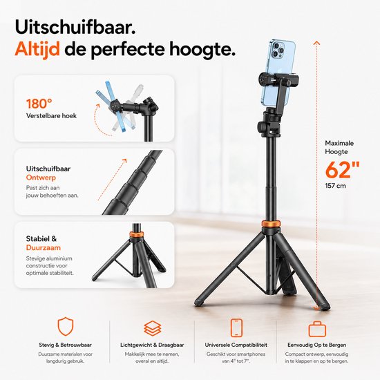 Sounix Telefoon Statief - SelfieStick Tripod met Bluetooth Afstandsbediening - tot 158 cm hoog - Tripod Smartphone - Action Camera Statief - Zwart