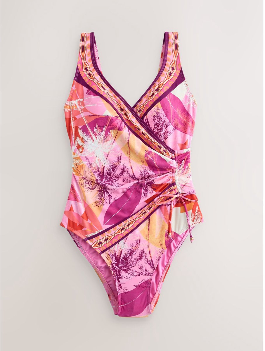 Next Dames - Vormgevend en buikcorrigerend badpak met gerimpelde zijkant - Roze Magenta Pink Palm