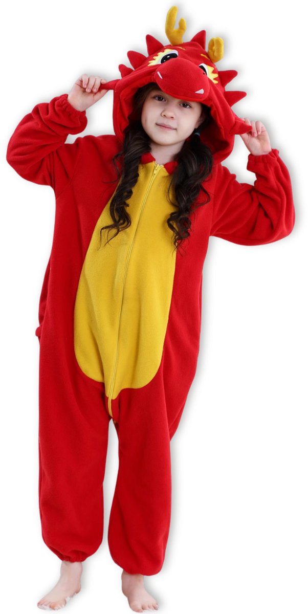 BoefieBoef Dieren Onesie Chinese Draak voor Kinderen 5-8 Jaar – Pyjama Dieren Verkleedpak – Warme Flanel Jumpsuit met Capuchon – Knuffelpak & Huispak – Zwemles – Carnaval, Halloween & Sinterklaas Cadeau – Jongens & Meisjes - Rood Geel