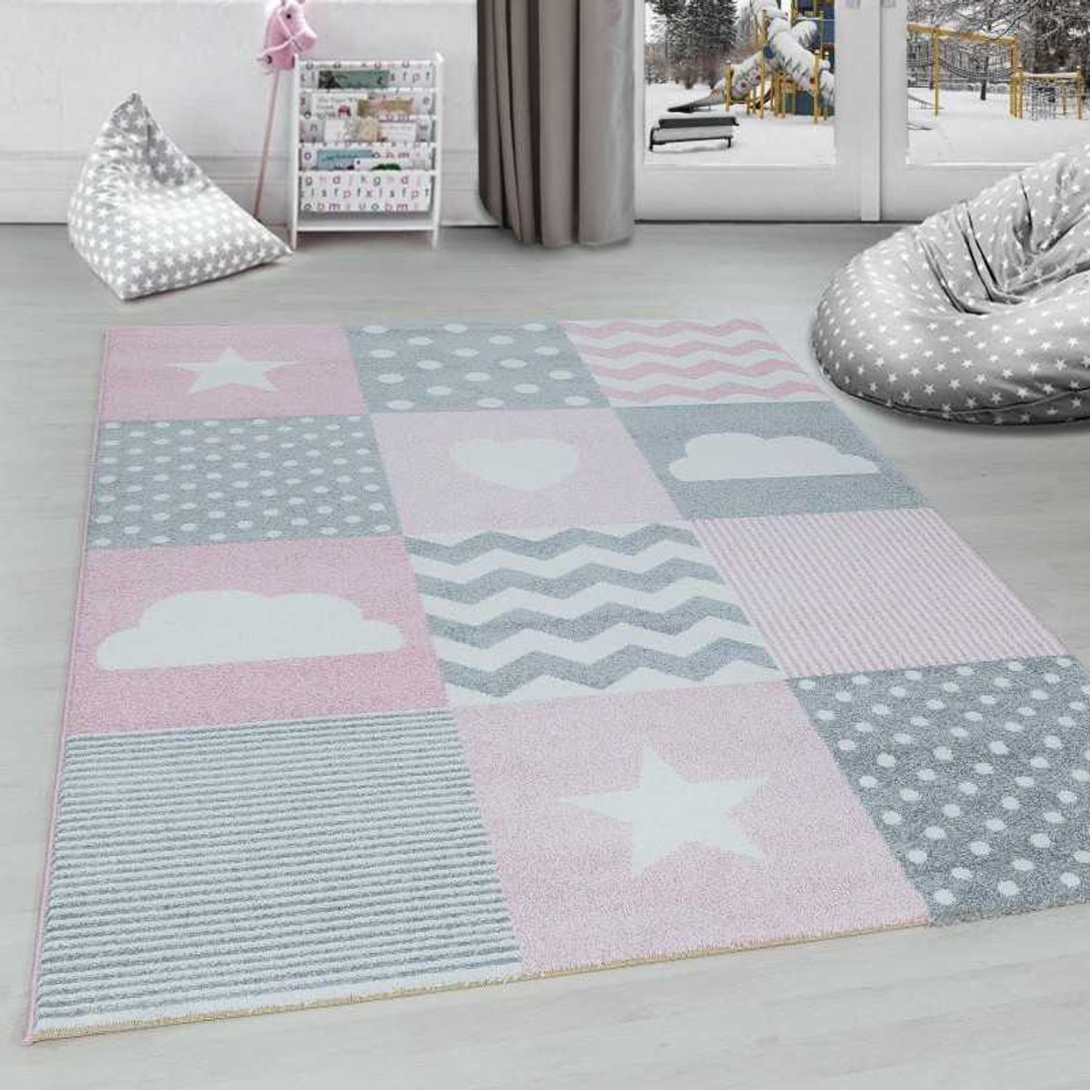 TapisTrend Kinderkleed Roze 80x150 cm Geruit vloerkleed voor de kinderkamer met wolken- en sterrenpatroon