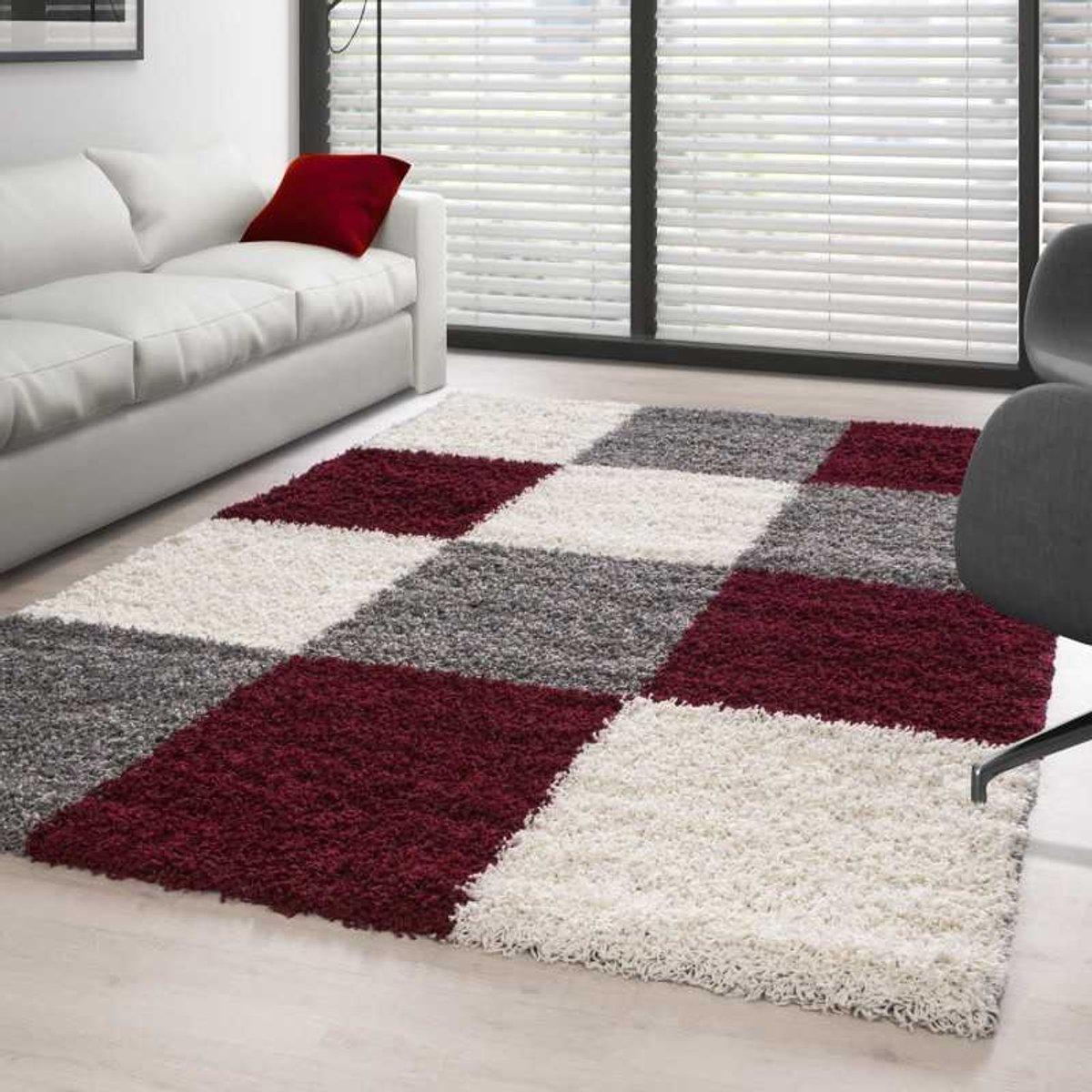 TapisTrend Harig tapijt Rood-wit-grijs 120x170 cm Hoogpolig vloerkleed met ruitpatroon