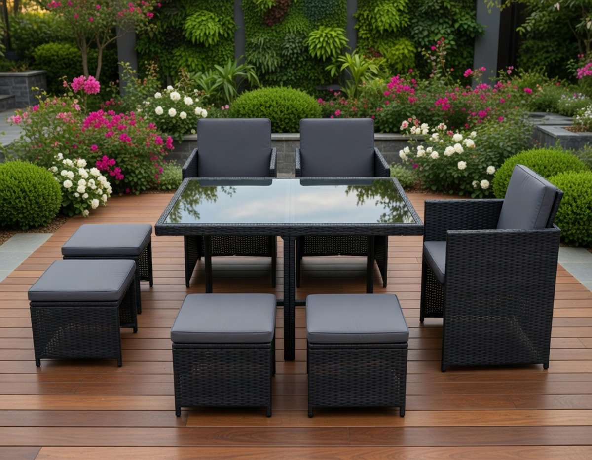 Luxe Polyrattan Tuinset 8-Persoons – Moderne Rattan Tuinmeubelen met Glazen Tafel, Comfortabele Stoelen en Opbergkrukken – Buiten Eet- en Lounge Set Zwart/WitMedahomestore