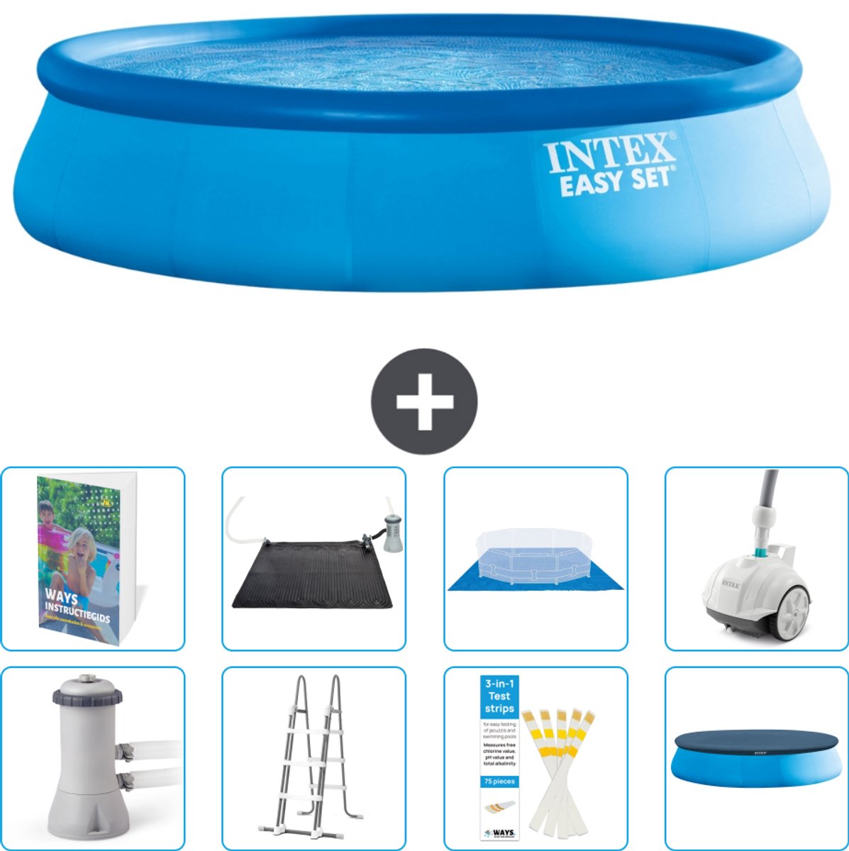Intex Rond Opblaasbaar Easy Set Zwembad - 457 x 107 cm - Blauw - Inclusief Pomp - Ladder - Grondzeil - Afdekzeil - Solar Mat - Stofzuiger - 9-delig