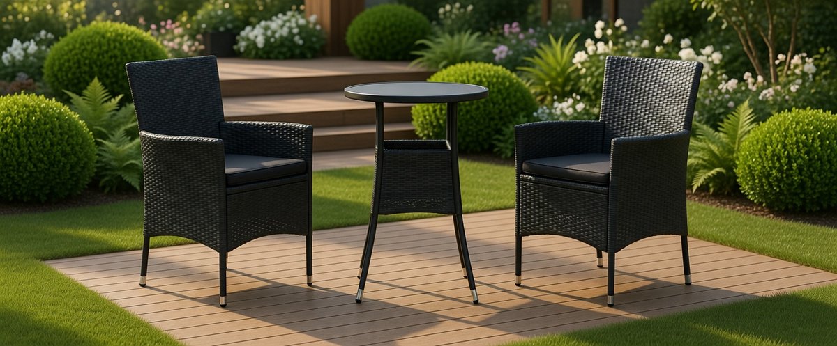 Luxe 3-Delige Balkon- en Tuinbistroset met Kussens – Zwart Polyrotan – Comfortabele Loungestoelen en Tafel – Ideaal voor Tuin, Balkon & Terras | MedaHomeStore