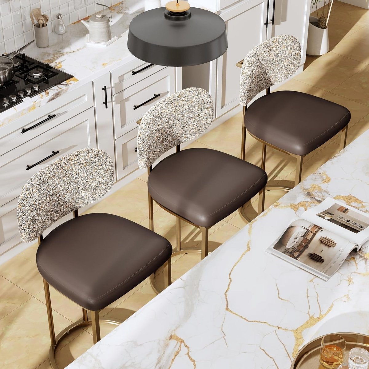 Barkruk Set van 2 45 x 45 x 88 cm – 63 cm Zithoogte Barstoelen met Rugleuning en Voetensteun – Industriële Keukenkrukken Metaal & Kunstleer Koffiekleur – Urbanhome