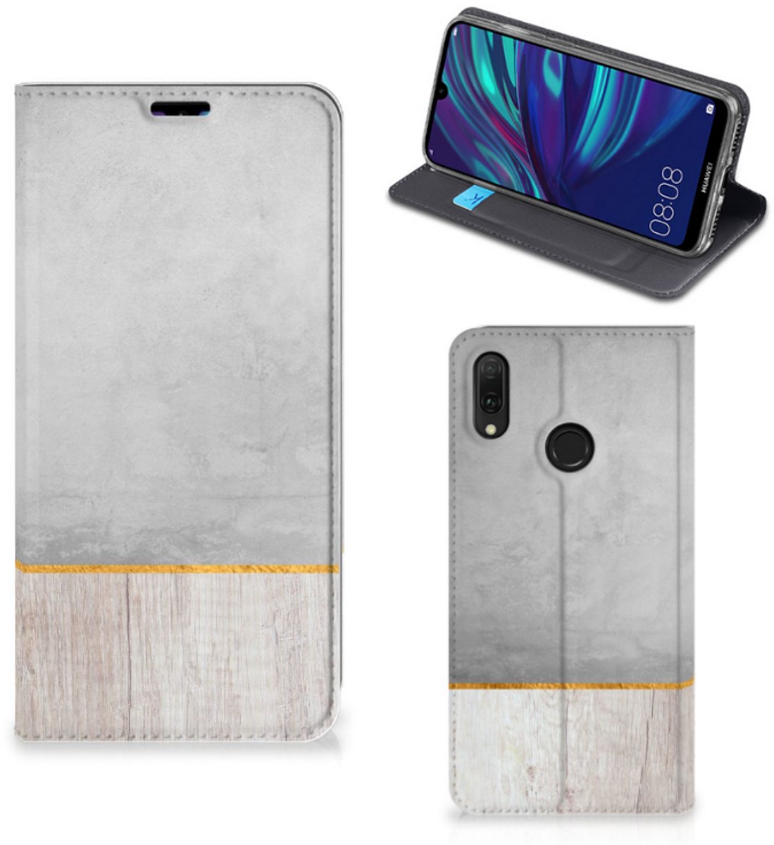 Huawei Y7 hoesje Y7 Pro (2019) Book Wallet Case Wood Concrete