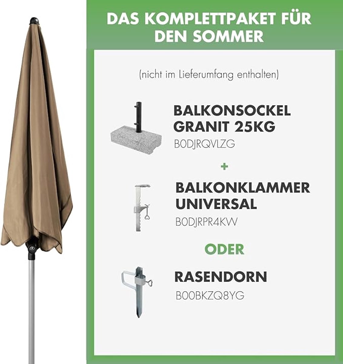 Balkonparasol 180 x 120 cm Rechthoekig – Knikbaar & Hoogte Verstelbaar – Regenafstotend & UV50+ Bescherming – Compact & Windbestendig – Grijsbeige – Laura
