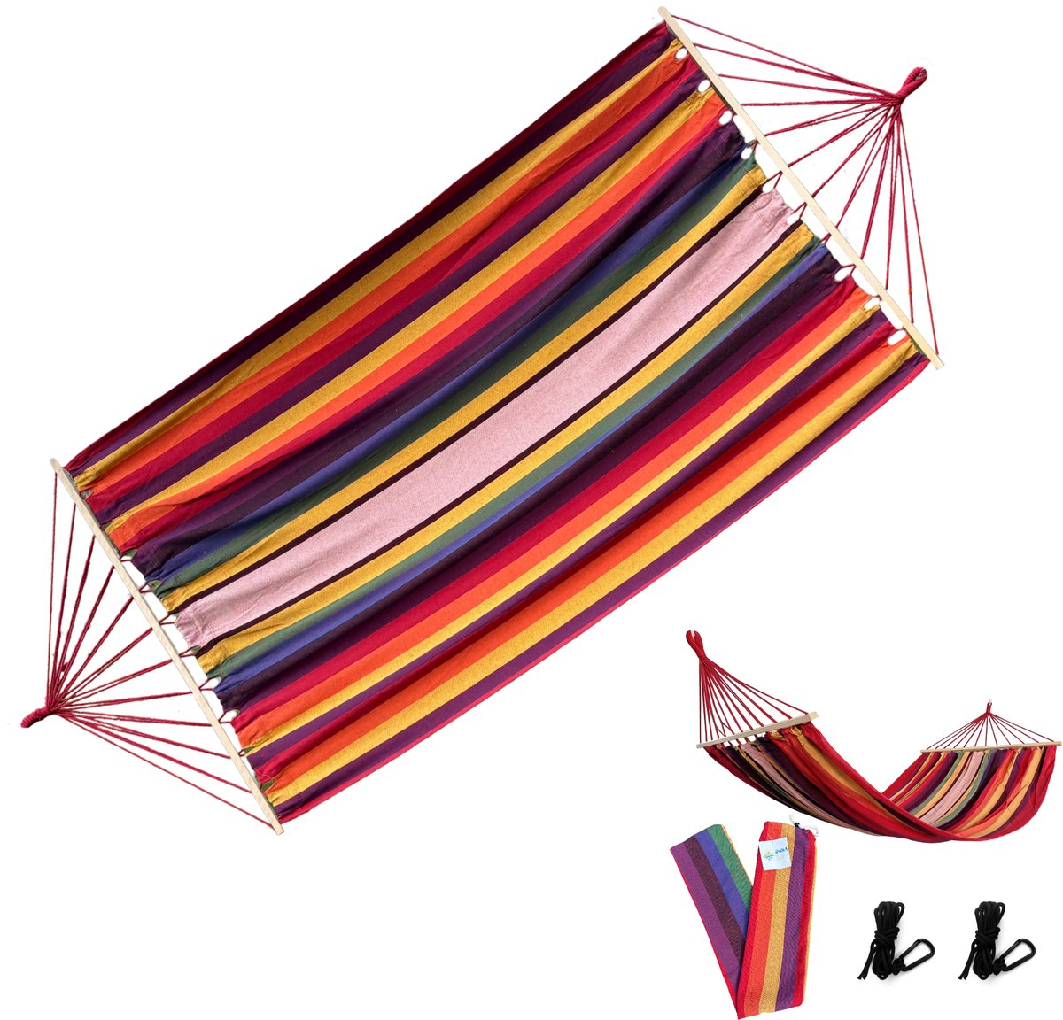 Rijoka Hangmat Large met Spreidstok – 200x140cm – Oranje/Rood/Paars Gestreept – 1 Persoons – Incl. 2 Haken, Touw én Opbergzak – Sunset