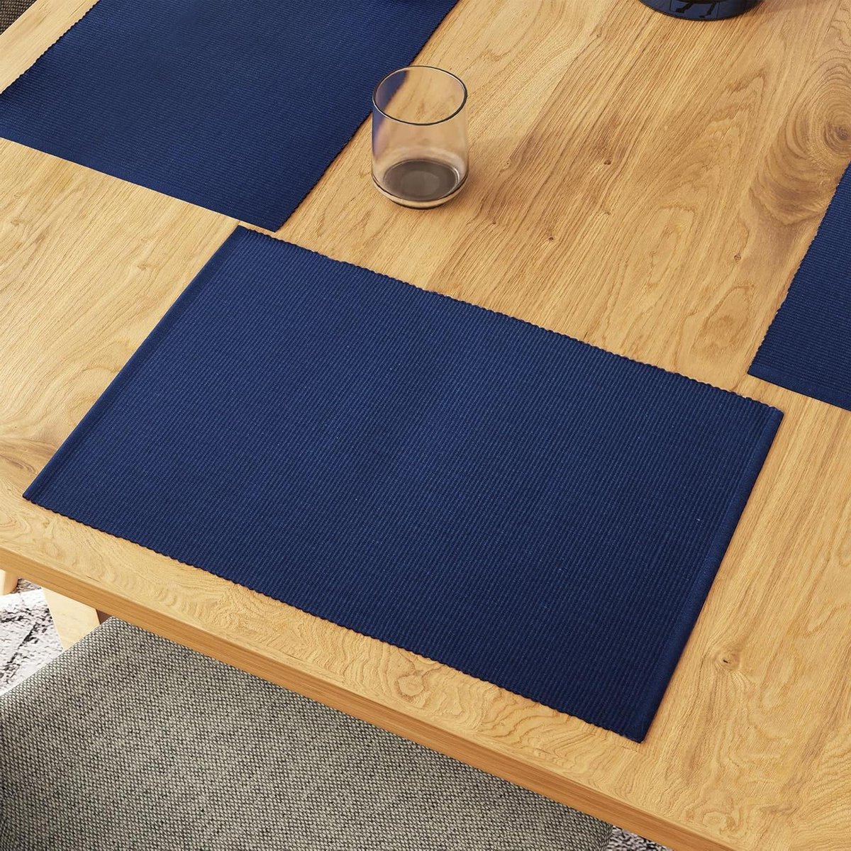 Placemats Eettafel - Tafelmat Katoen - Tafeldekken - Fijn Geribbeld - 48x32 cm - Donkerblauw