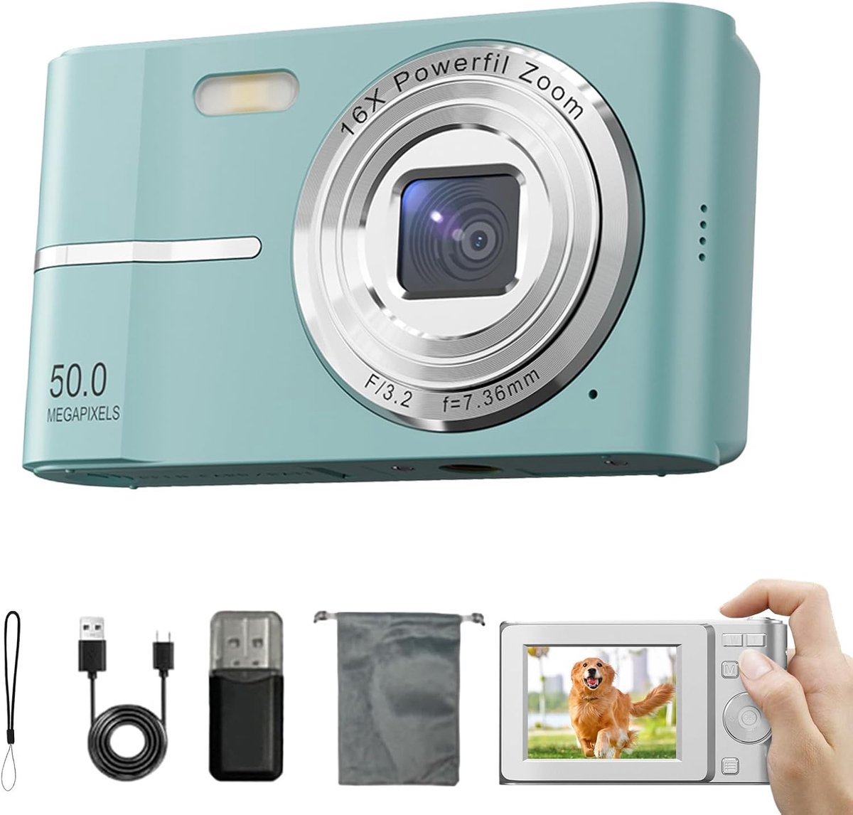 Camera - Digitale camera - Met esthetiek uit de jaren 2000 - compacte HD-camera met beeldstabilisatie - FHD 1080p - 16x digitale zoom - 50 MP - 2,4 inch LCD-scherm - Autofocus - Geschikt voor jongens - Meisjes - Volwassenen en beginners - Groente