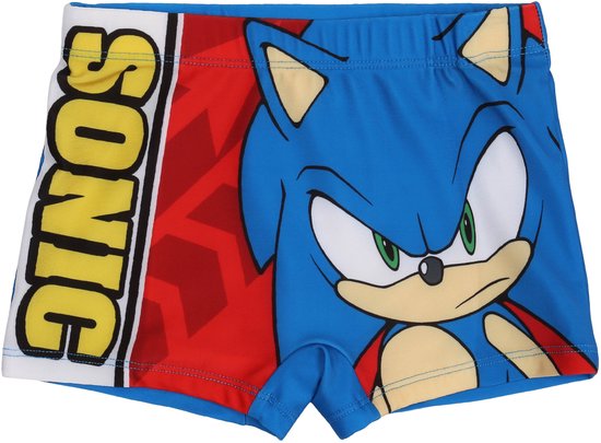 Blauwe zwembroek met een print van Sonic de egel en de tekst "SONIC" op een rode achtergrond.