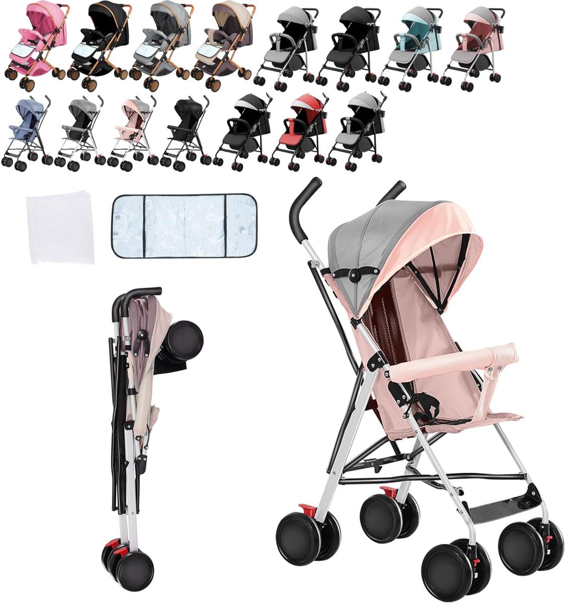 Wandelwagen Kinderen - Compacte Buggy - Reizen met Kinderen - Inclusief Koelmat - Tot 25 kg - Roze