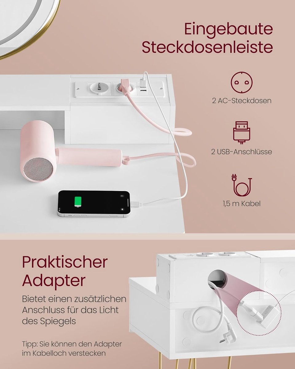 Make-uptafel met spiegel en LED-verlichting – Kaptafel met kruk, stekkerdoos, 2 laden en opbergvakken – Vanity desk slaapkamer 80 cm mat wit & lichtgoud | abtkantoor