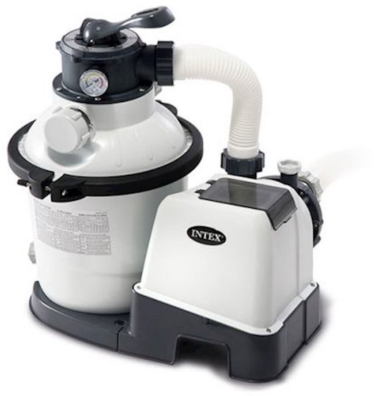 Intex zandfilterpomp met een witte tank en grijze pompunit met 'Intex'-logo.