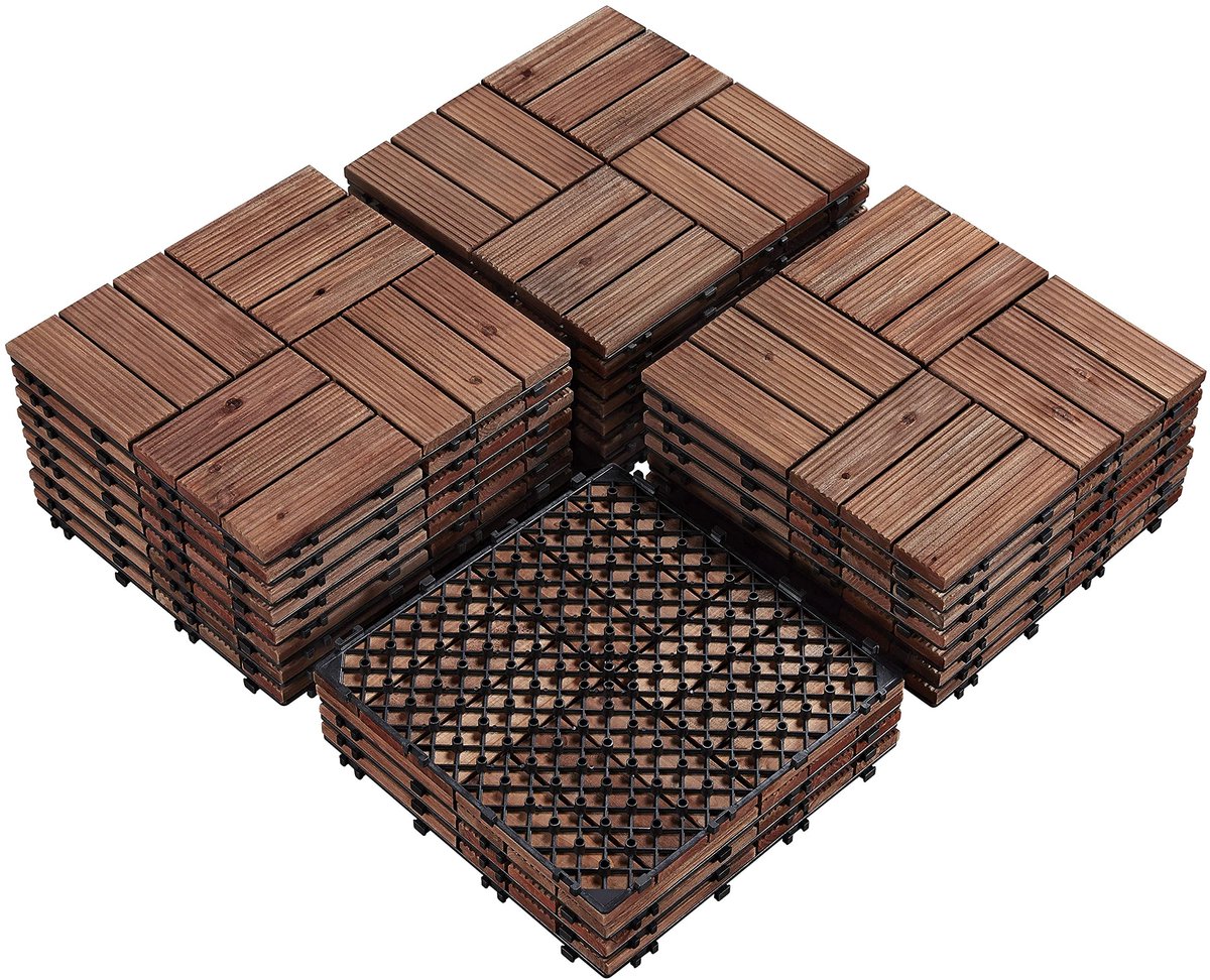 Yaheetech Houten tegels 27 stuks per set (2,6 m²), balkontegels met drainagesysteem, terrastegels, tuindecoratie, vloerbedekking voor binnen en buiten, weerbestendig