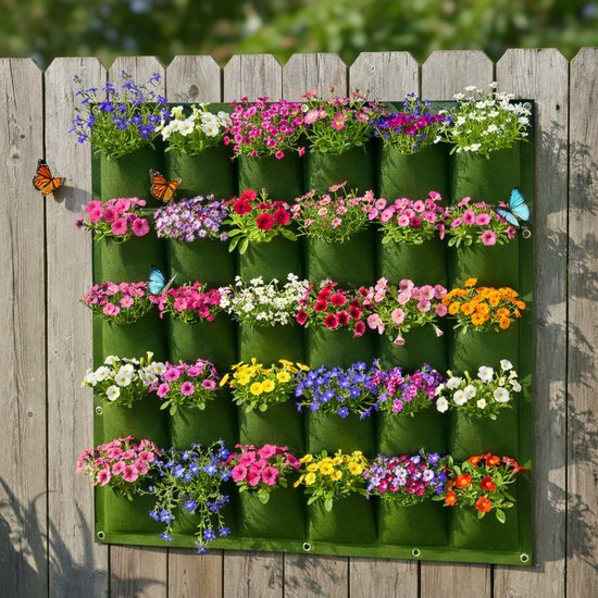 Groene verticale tuin met 36 vakjes, op een houten schutting, met diverse kleurrijke bloemen en vlinders.