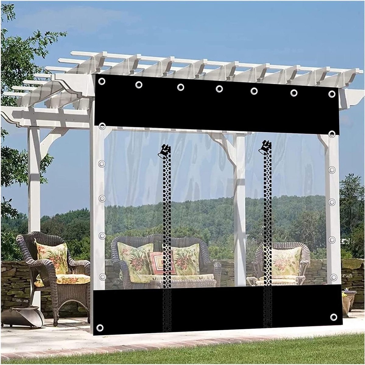 Transparante Tarp Gordijnen - Waterdicht Dekzeil - Buitenruimte Afschermen - Met Ritssluitingsdeur - 350x220cm - Zwart Transparant