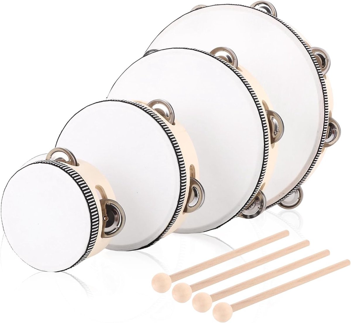 Set van 4 Handtrommels en Tambourines voor Feesten en Optredens - Houten Muziekinstrumenten (10cm, 15cm, 20cm, 25cm)