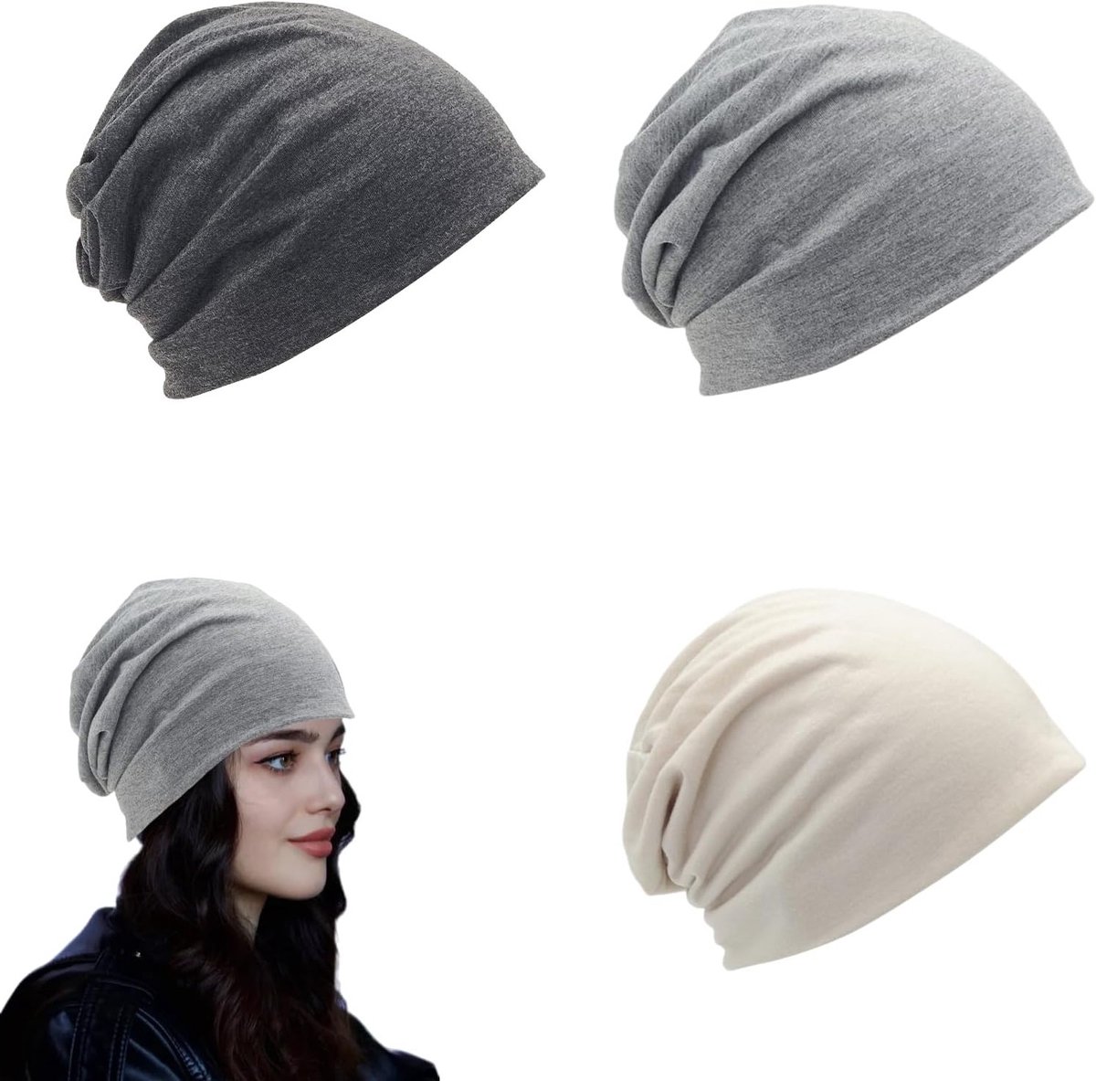 Unisex Beanie Set voor Dames en Heren - Zachte Slouchy Mutsen - Ademend en Rekbaar - Ideaal voor Casual Gebruik - Donkergrijs, Lichtgrijs en Beige
