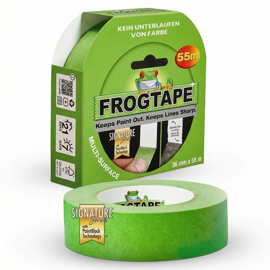 Groene FrogTape verpakking en een rol groene schilderstape met kikker logo en "SIGNATURE Series".