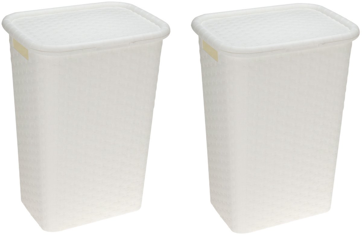 Benson Wasmand - 2x - rotan - met deksel - wit - 60 liter - 33 x 44 x 60 cm - kunststof