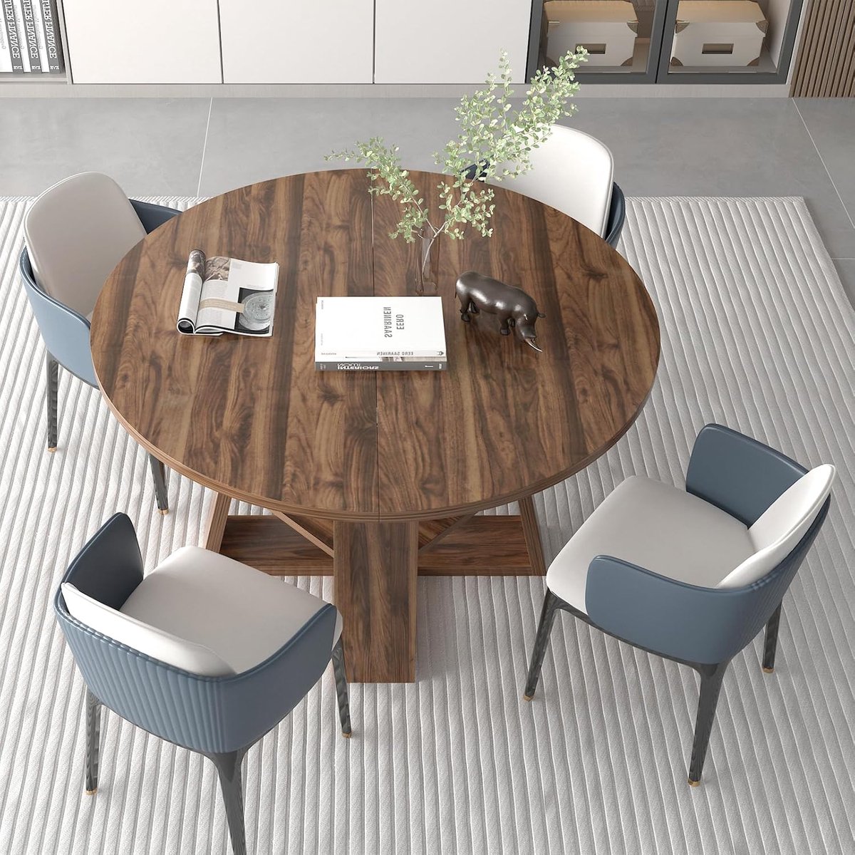 Uitschuifbare eettafel rond naar ovaal – 4 tot 6 personen – rustieke bruine houten eettafel met opbergplank – moderne boerderijstijl kruisbasis – ruimtebesparende keukentafel