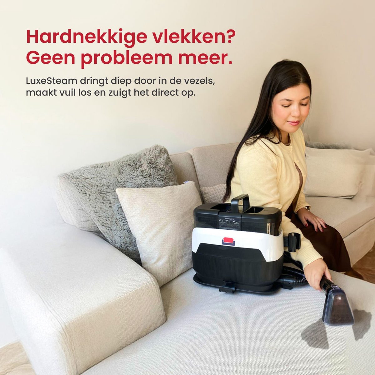 LuxeSteam 6-in-1 Vlekkenreiniger & 100℃ Stoomreiniger – Met Slimme zuigfunctie, wielen, Dubbel Tanksysteem, Verwarmingsfunctie & Zelfreinigend – Vlekkenreiniger voor Bank, Vloer, Auto & Tapijt (Tapijtreiniger) – Inclusief 8 accessoires thumbnail 2